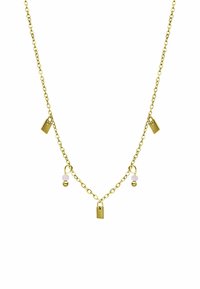 Gouden ketting met verschillende hanger vormen, waaronder platte sluitingen en kralen in pastelkleuren, netjes langs de ketting gerangschikt.