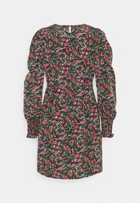 Blumenkleid mit schwarzem Hintergrund, verziert mit rosa und grünen Blumen. Lange Puffärmel und ein Schlüsselloch-Rückendetail. Glatte Stofftextur.