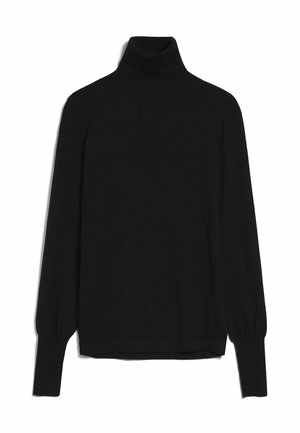 Maglione a collo alto di colore nero in morbido tessuto a maglia, con maniche lunghe a sbuffo e tasche laterali. Design semplice con polsini e orlo a coste.