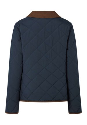 Marinblå vadderad jacka med krage av manchester. Har ett diamantmönster och bruna kanter längs fållen och ärmsluten. Bakifrån.