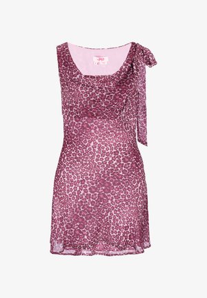 Ärmelloses pinkfarbenes Minikleid mit dunkelrosa Blumenmuster, Wasserfallausschnitt und einer gebundenen Schleife an einer Schulter.
