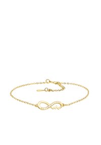 Bracciale a catena color oro con simbolo dell'infinito impreziosito da gemme trasparenti. Eleganti maglie e chiusura per una vestibilità sicura.