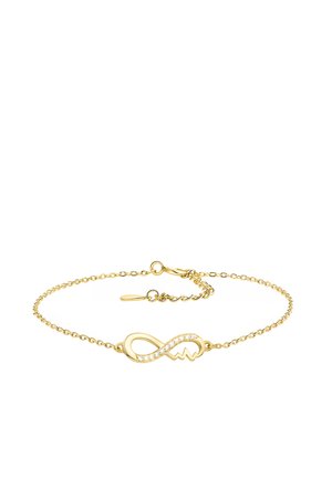 Bracelet en chaîne dorée présentant un symbole d'infini rehaussé de pierres claires. Maillons élégants et fermoir pour un port sécurisé.