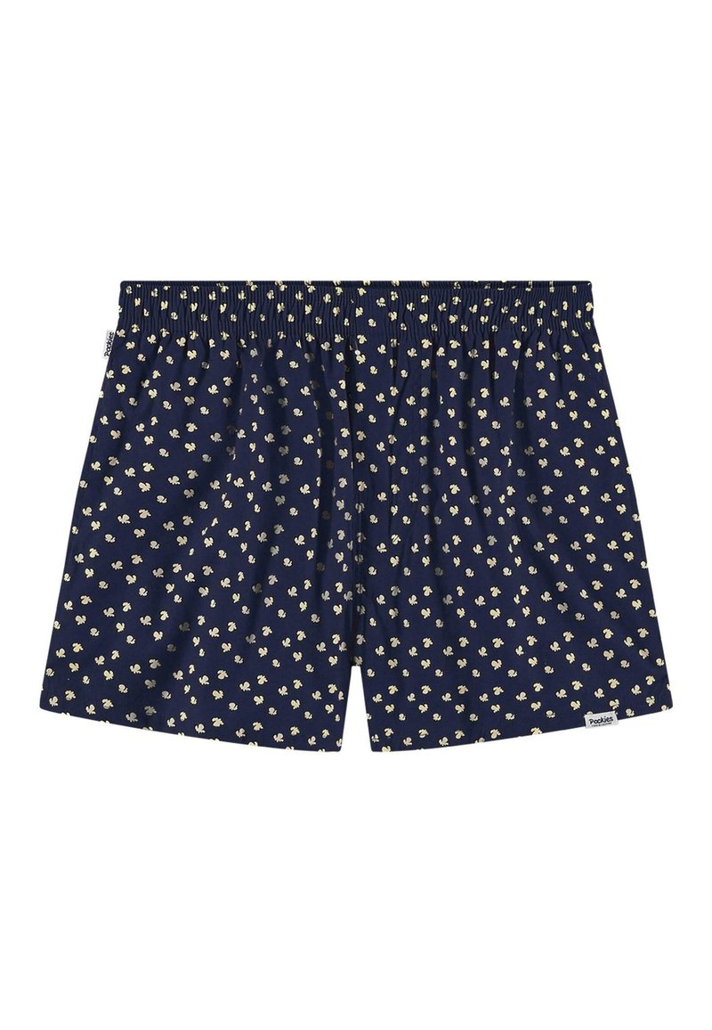 Marineblauwe boxershort met gele bloemmotieven, elastische tailleband, losse pasvorm, zachte stof. Bevat een klein merketiket aan de zoom.