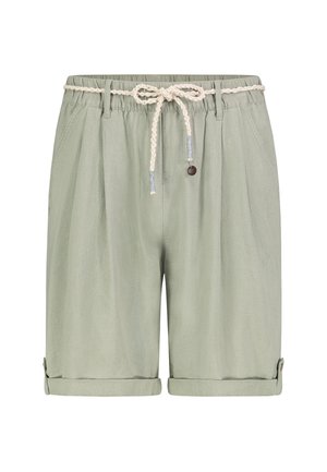 Light green casual shorts with rolled cuffs, elastic waistband, belt loops, slant pockets, and a decorative braided rope belt tied in a bow.