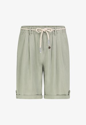 Light green casual shorts with rolled cuffs, elastic waistband, belt loops, slant pockets, and a decorative braided rope belt tied in a bow.
