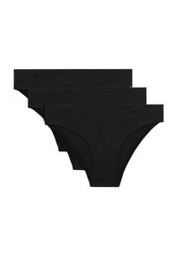 Tre paia di mutande femminili in stile hipster nere, sovrapposte e disposte su uno sfondo bianco.