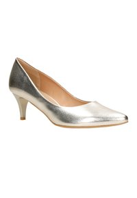 Scarpa con tacco alto in metallo argentato con punta affusolata, texture liscia e tacco di 6,5 cm. Caratterizzata da una finitura leggermente maculata.