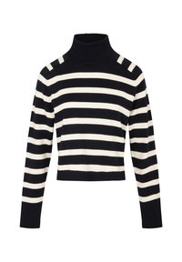 Schwarz-cream gestreifter Rollkragenpullover mit langen Ärmeln, figurbetontem Design, geripptem Kragen und weichem Material. Kürzere Länge, minimale Details.