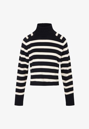 Schwarz-cream gestreifter Rollkragenpullover mit langen Ärmeln, figurbetontem Design, geripptem Kragen und weichem Material. Kürzere Länge, minimale Details.