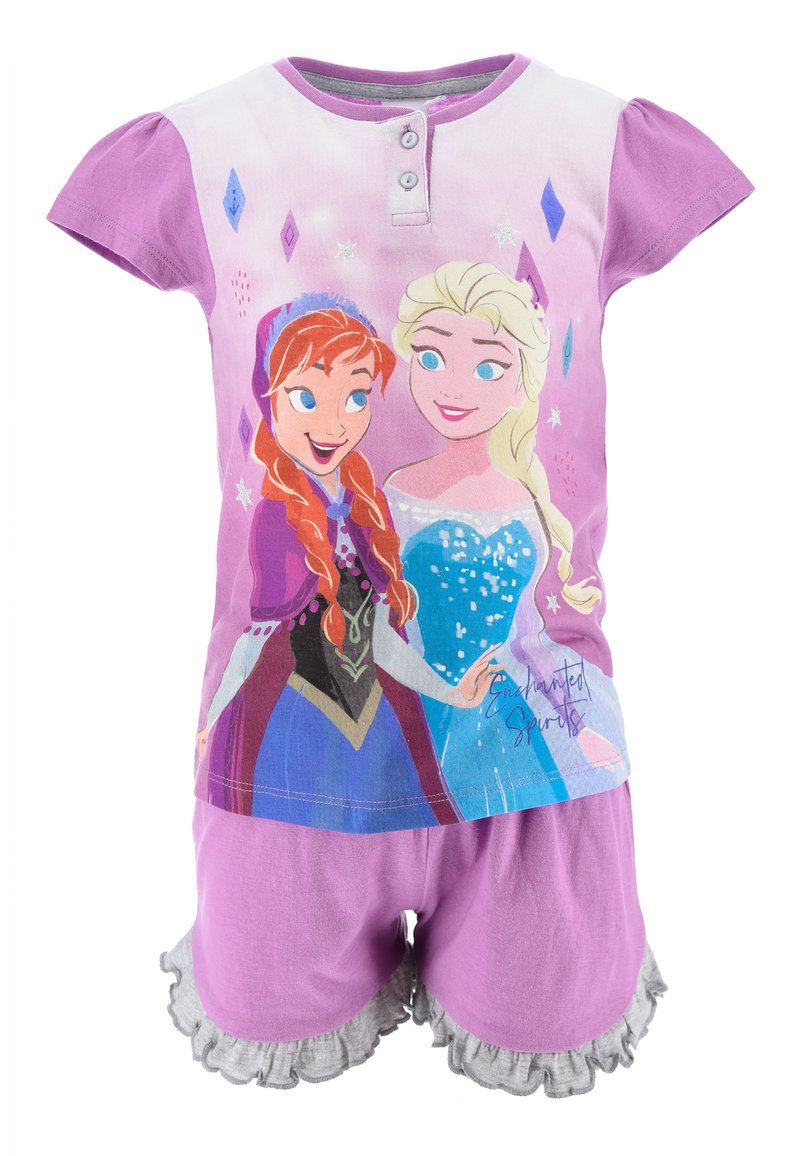 Pigiama corto viola con stampe di Anna e Elsa, con dettagli a balze grigi sui pantaloni e scollo rotondo con due bottoni.