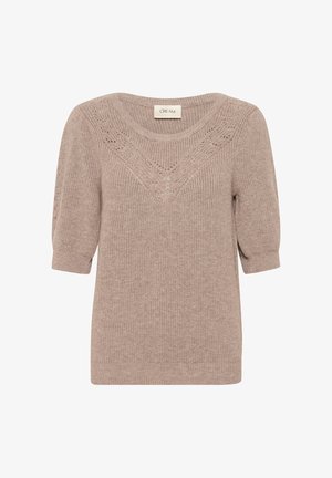 Suéter de punto beige con mangas cortas abullonadas, que presenta un patrón de encaje en forma de V y un dobladillo acanalado. Fabricado en un material suave y texturizado.