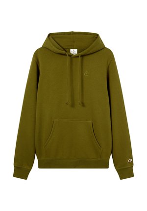 Olijfgroene hoodie van zacht materiaal. Heeft een voorzak, een capuchon met trekkoord en een klein logo op de borst en mouw.