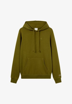 Olijfgroene hoodie van zacht materiaal. Heeft een voorzak, een capuchon met trekkoord en een klein logo op de borst en mouw.