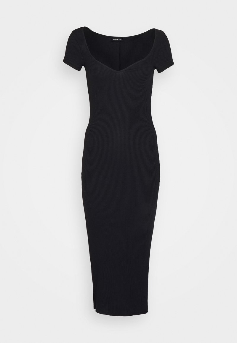 Robe midi noire côtelée avec manches courtes et large décolleté en cœur, silhouette ajustée et tissu légèrement extensible.