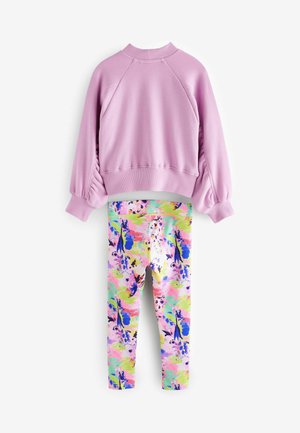 Lavender sweatshirt with ribbed cuffs and collar, paired with multicolored leggings featuring a vibrant, abstract pattern in pink and green.