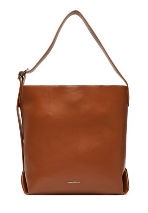 Borsa a tracolla in pelle marrone con tracolla regolabile e sottile logo "Gino Rossi" al centro davanti.