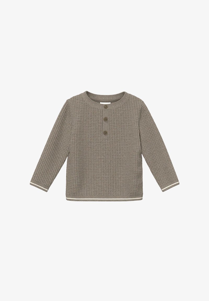 Chemise pour tout-petit à manches longues en tricot texturé beige avec trois boutons au col et bordure blanche aux poignets et à l'ourlet.