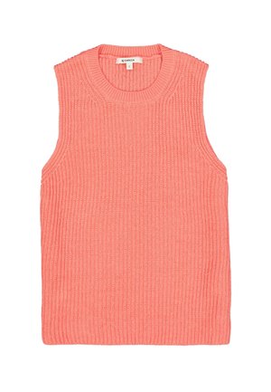 Haut rose sans manches avec une texture côtelée, un col rond et des fentes sur les côtés. Confectionné en tissu doux. L'ourlet est droit et non fini. Taille : S.