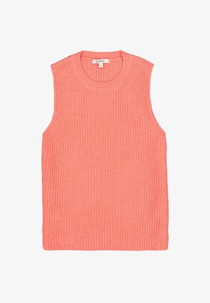 Roze mouwloos topje met een geribbelde textuur, ronde halslijn en zijslitten. Gemaakt van zacht materiaal. De zoom is recht en onafgewerkt. Maat: S.