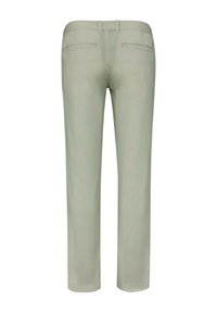 Hellgrüne Hose mit geradem Bein, aus glattem Stoff gefertigt. Verfügt über zwei Gesäßtaschen und einen klassischen Bund.