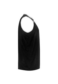 Schwarzes Netz-Top mit ärmellosem Design, runder Ausschnitt und kontrastierendem weißen Besatz. Besteht aus einem leichten, atmungsaktiven Material.
