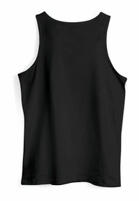 Schwarzes ärmelloses Tanktop mit einer glatten, matten Textur und einem abgerundeten Halsausschnitt, das weite Armausschnitte und eine lockere Passform aufweist.