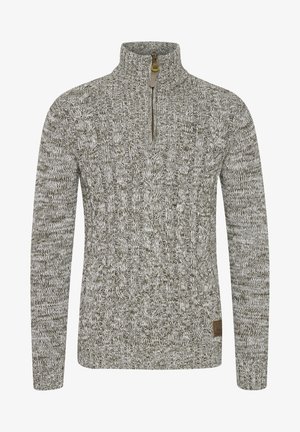 Kootud sviiter hallikas-roheline värv, millel on pooltõmblukuga kaelus ja tekstuurne kangamuster. Pruun logo paigaldus äärtes.