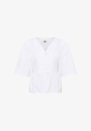 Weiße Baumwollbluse mit V-Ausschnitt, kurzen Puffärmel, durchgehender Knopfverschluss und gerafftem Bund für eine taillierte Silhouette.