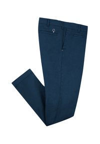 Marineblaue Hose aus glattem Stoff, mit schlanker Passform, zwei Gesäßtaschen und einem kleinen Baum-Logo auf der rechten Tasche.