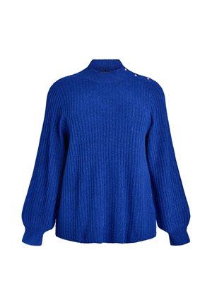 Blue ribbed sweater with a high neck and long sleeves. Features button accents on the shoulder. Made from a soft, textured material.