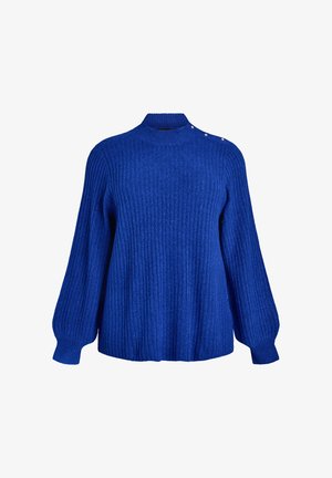 Blauer Ripppulli mit hohem Kragen und langen Ärmeln. Verfügt über Knopfdetails an den Schultern. Hergestellt aus einem weichen, strukturierten Material.