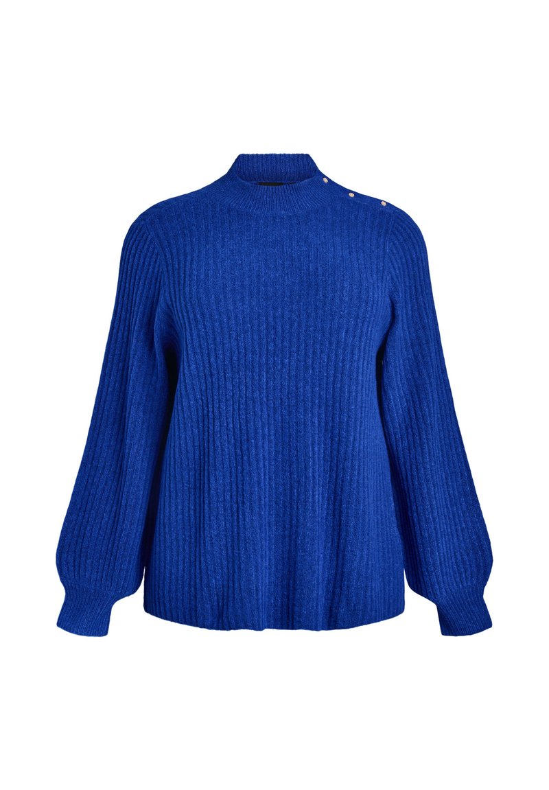 Blauer Ripppulli mit hohem Kragen und langen Ärmeln. Verfügt über Knopfdetails an den Schultern. Hergestellt aus einem weichen, strukturierten Material.
