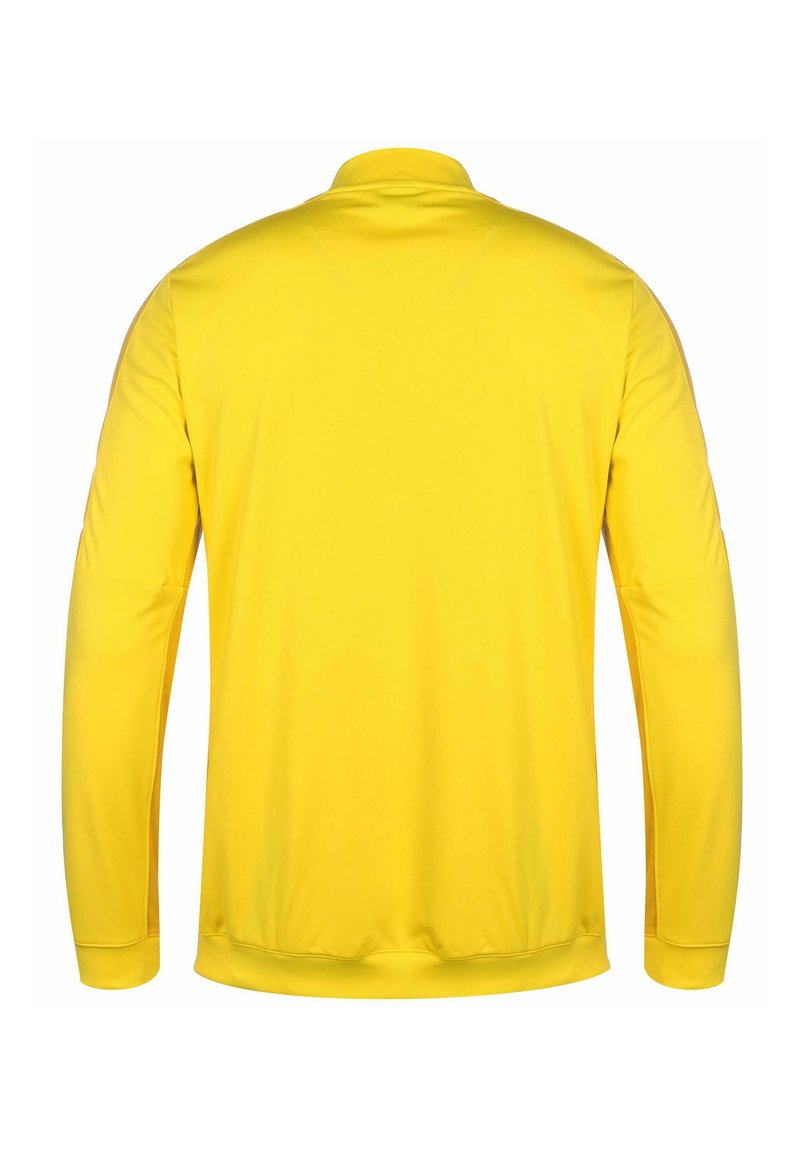 Camicia gialla a maniche lunghe realizzata in un tessuto liscio con colletto. Presenta un design aderente e dettagli di cucitura minimi sul retro.