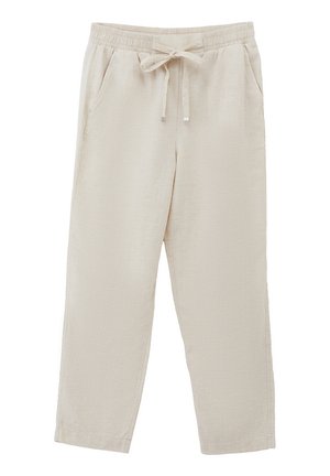 Beige, leichte Leinenhose mit elastischem Bund und frontale Bindung. Verfügt über zwei seitliche Taschen und ein gerades Bein-Design. Keine Muster oder Akzente.
