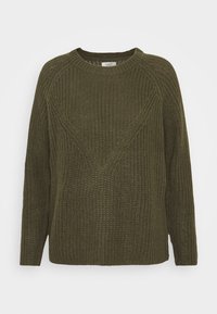 Dunkelolivgrüner Strickpullover mit strukturiertem Muster, geripptem Rundhalsausschnitt und Raglanärmeln. Boxy-Form mit geradem Saum.