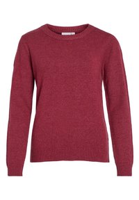 Maglione bordeaux realizzato in morbido tessuto a maglia, con scollo rotondo, maniche lunghe e polsini e orlo a costine. Senza motivi o decorazioni.