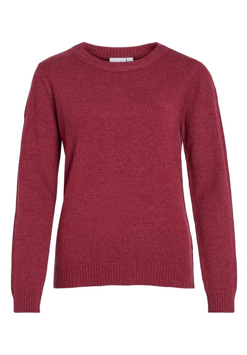 Maglione bordeaux realizzato in morbido tessuto a maglia, con scollo rotondo, maniche lunghe e polsini e orlo a costine. Senza motivi o decorazioni.