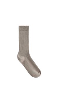 Single beige ribbed crew sock with a folded cuff, displayed flat on a white background.