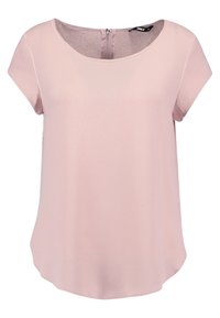 Blusa a maniche corte con colletto rotondo in morbido tessuto rosa, dotata di zip sul retro e una texture liscia e leggermente lucida.