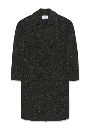 Pikk tumehall herringbone villane müts laia kraega ja kuue musta nupuga topelt-rinnaga.