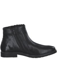 Botas de tobillo de cuero negro con una textura suave, cremallera lateral y un diseño de punta redonda con una suela baja y plana.
