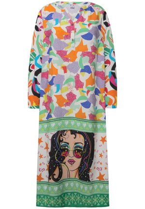Värikäs, kuvioitu mekko pitkillä hihoilla ja V-päällä. Sisältää abstrakteja muotoja kirkkaita värejä ja graafisen kasvojan kuvan helman kohdalla.