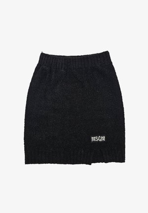 Mini gonna in spugna nera con elastico in vita. Presenta un logo decorato con strass vicino all'orlo. Texture morbida e design semplice.