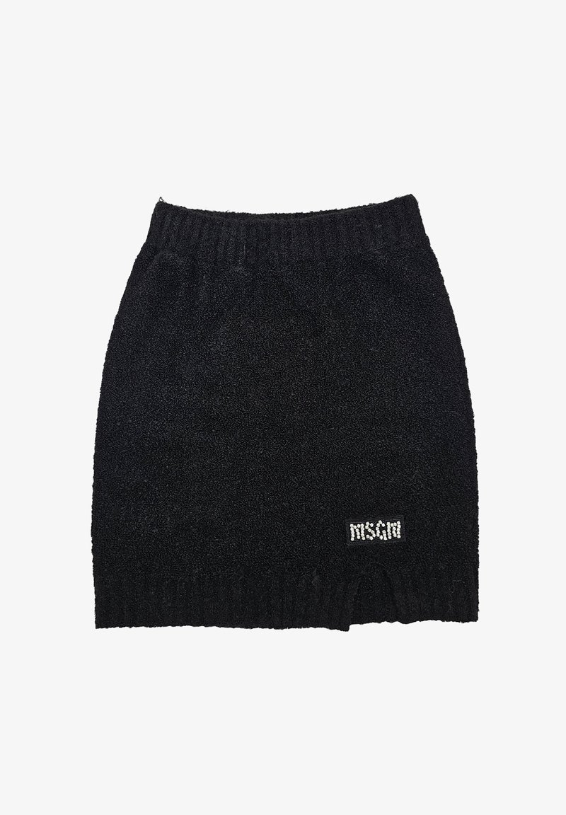 Mini gonna in spugna nera con elastico in vita. Presenta un logo decorato con strass vicino all'orlo. Texture morbida e design semplice.