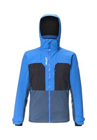 Blaue und schwarze Jacke mit Kapuze, Reißverschluss vorne und geometrischem Muster. Aus strukturiertem Material mit verstellbaren Manschetten und Taschen.