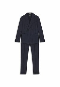 Marineblau gestreifter Anzug aus gewebtem Stoff, bestehend aus einem doppelt geknöpften Blazer mit schwarzen Knöpfen und passenden schmalen Hosen.