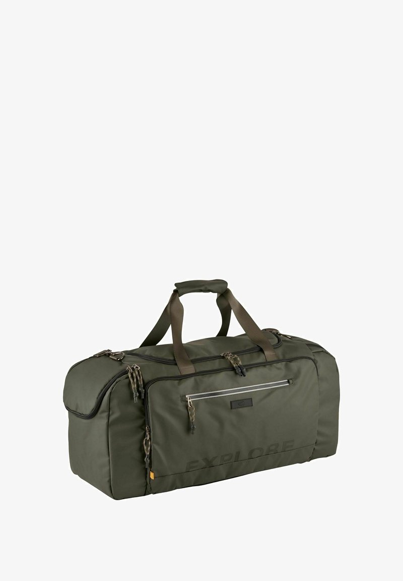 Grote olijfgroene reistas met meerdere ritscompartimenten, dubbele handgrepen met een gevoerde grip en het woord "VERKEN" op het voorvak.