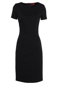 Czarna sukienka o krótkim rękawie, z okrągłym dekoltem, dopasowanym kroju, detalami szwów i ukrytym zamkiem błyskawicznym z tyłu. Wykonana z gładkiego materiału.