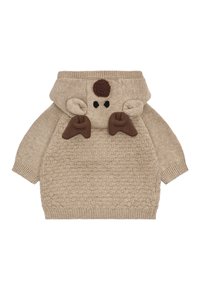 Beige gestrickter Pullover mit Kapuze und einem Bärenkopfdesign; braune Akzente für Ohren und Nase; strukturierter Körper mit Waffelmuster.